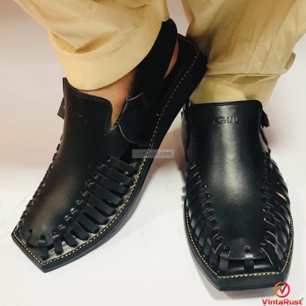 Men's Handmade Black Leather Peshawari Chappal: Traditional Footwear